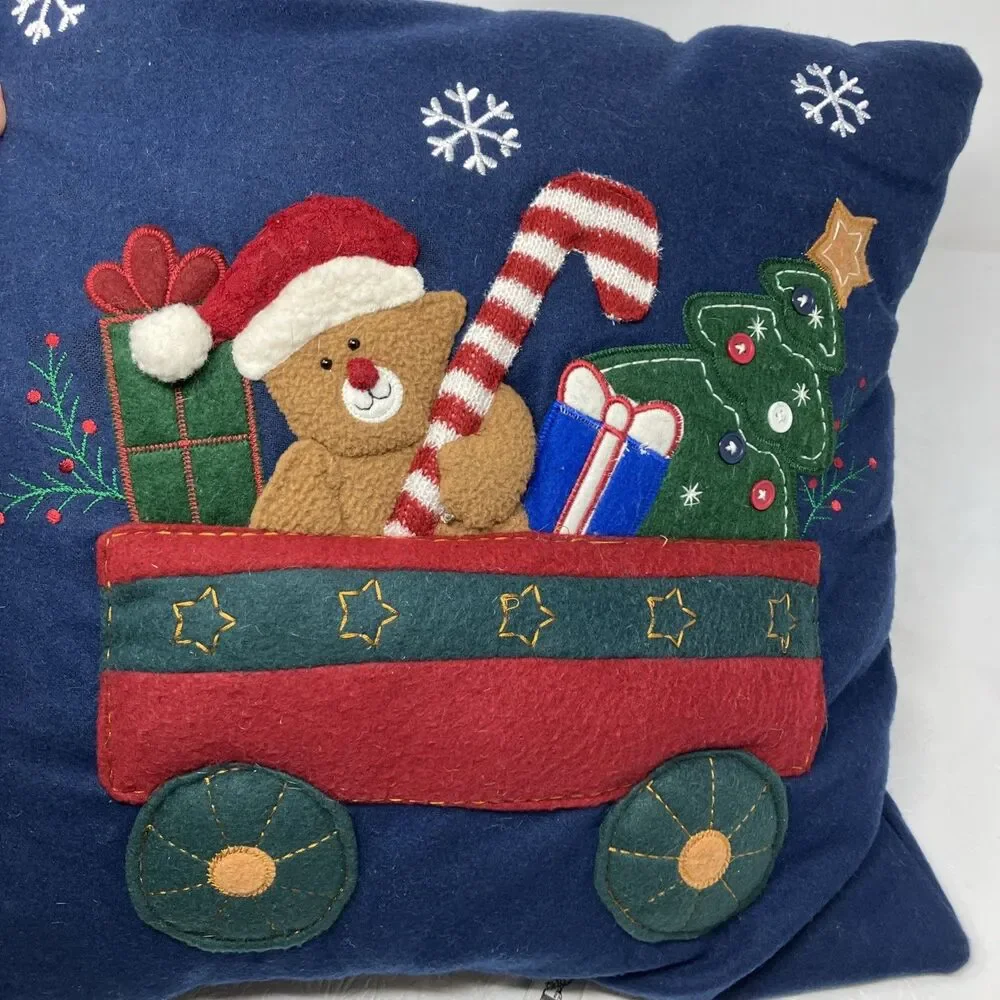 Christmas Throw Pillow 3D Felt Appliqué Teddy Bear Candy Cane Tree ~17x17”